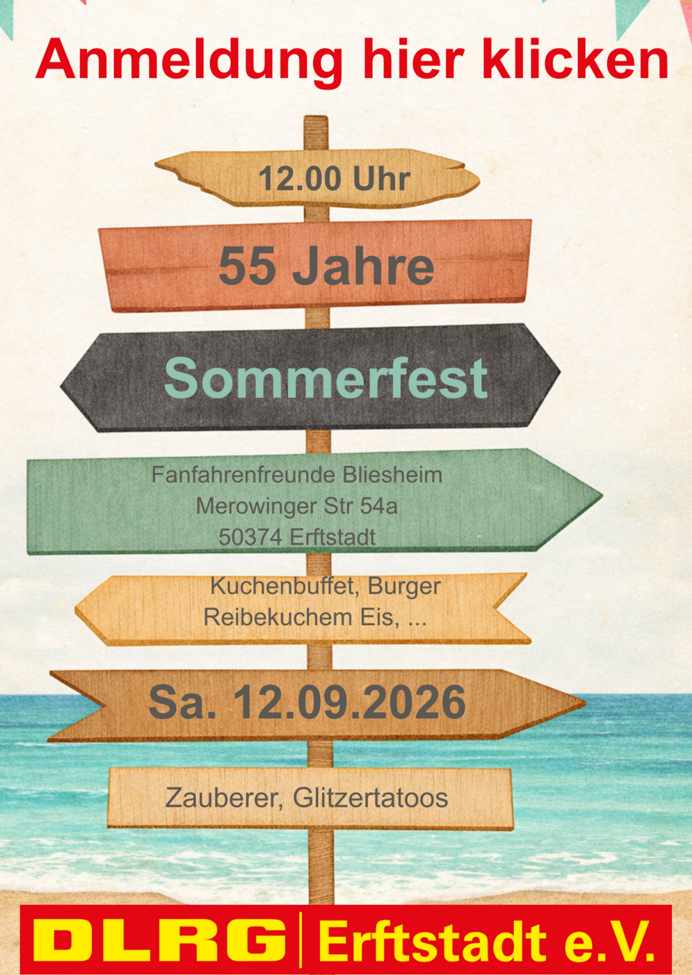 Anmeldung zum Sommerfest 55 Jahre DLRG OG Erftstadt am Samstag, den 12. September 2026 im Fanfarenheim in Bliesheim